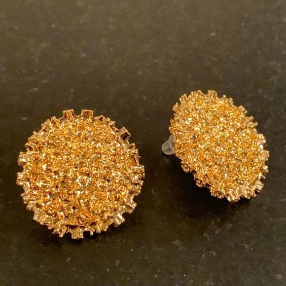 18k Gold Plated Soleil Textured Earrings, Round Sun Luna Coin Flower Studs, Gift - Picture 5 of 11